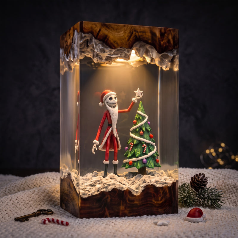 Christmas Skeleton Resin Lamp – Skeleton Santa Decorating Christmas Tree, Festive Epoxy Diorama Night Light, Holiday Decor