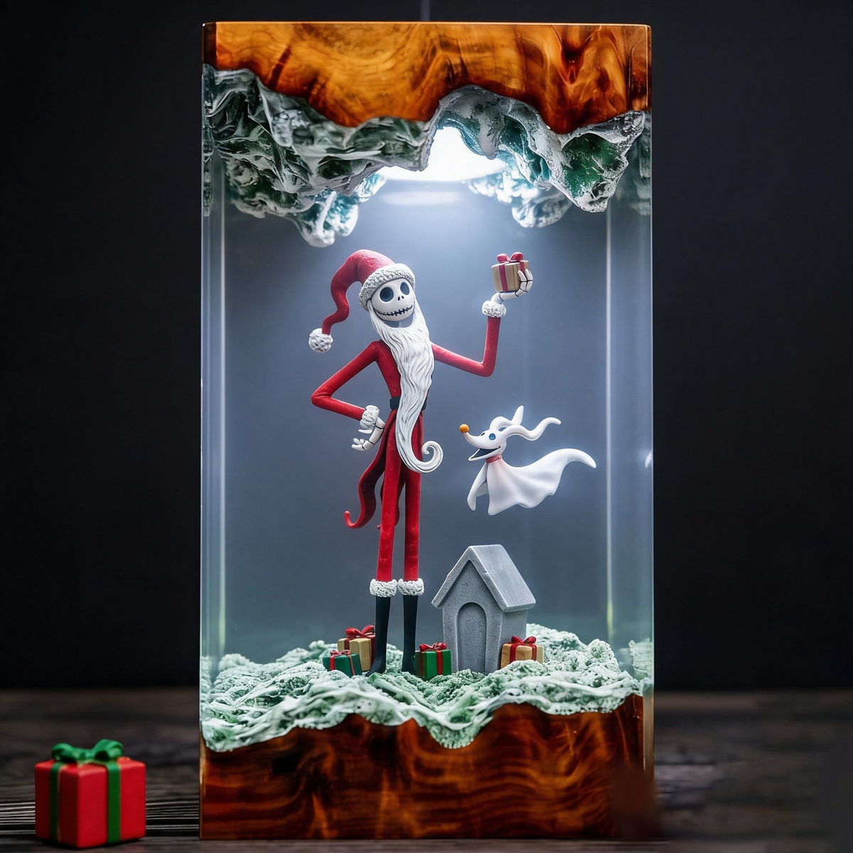Jack Skellington in Santa Outfit with Zero Ghost Dog and Christmas Gifts Wood Resin Lamp