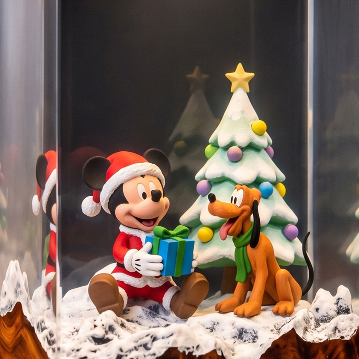 Mickey Mouse in Santa Outfit & Pluto with Gift Box and Snowy Christmas Tree Wood Resin Lamp