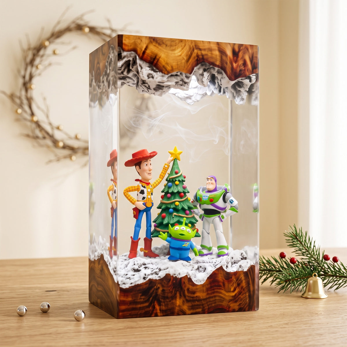 Woody, Buzz Lightyear & Little Green Alien with Decorated Christmas Tree Wood Resin Lamp