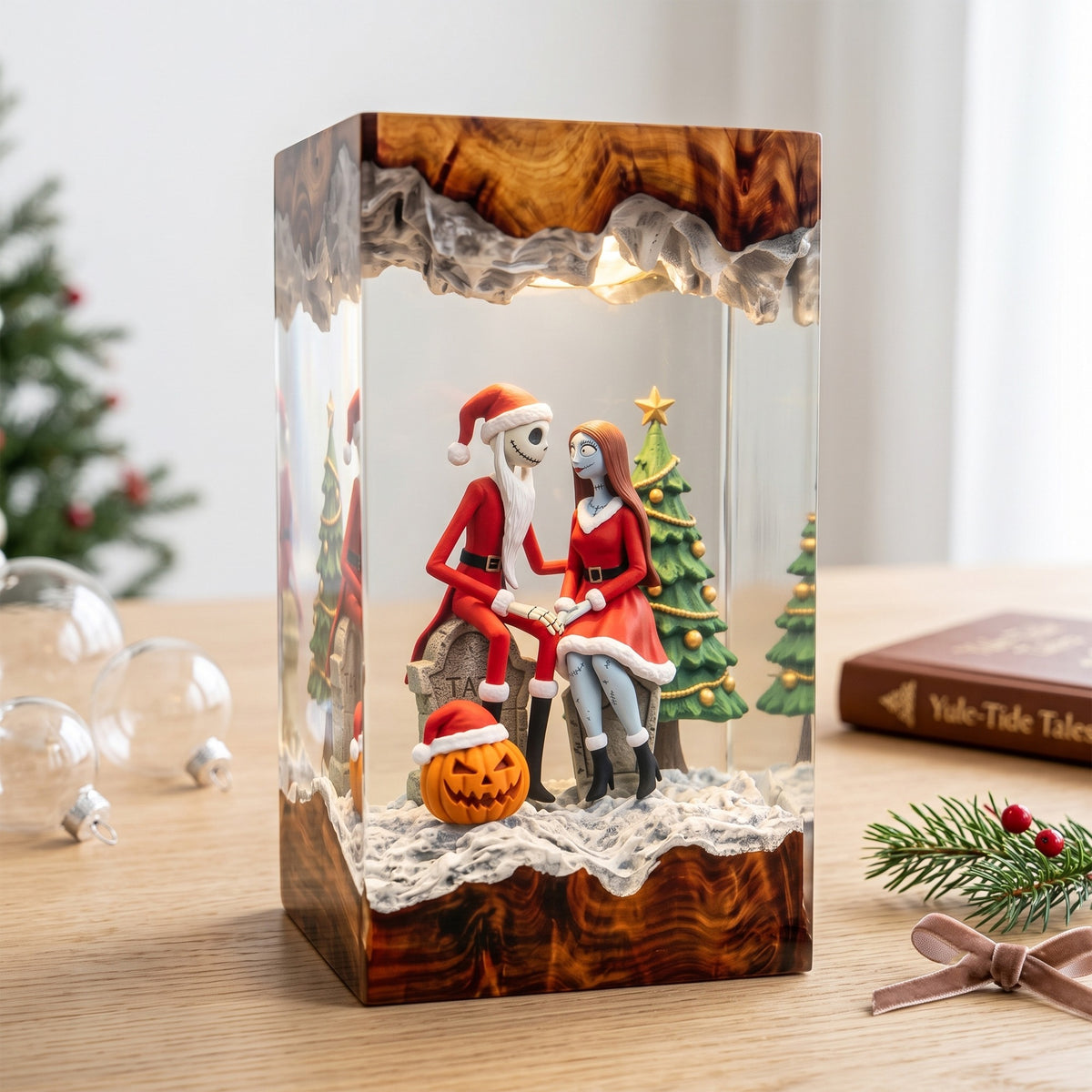 Jack Skellington & Sally in Santa Outfits with Christmas Tree and Pumpkin Wood Resin Lamp