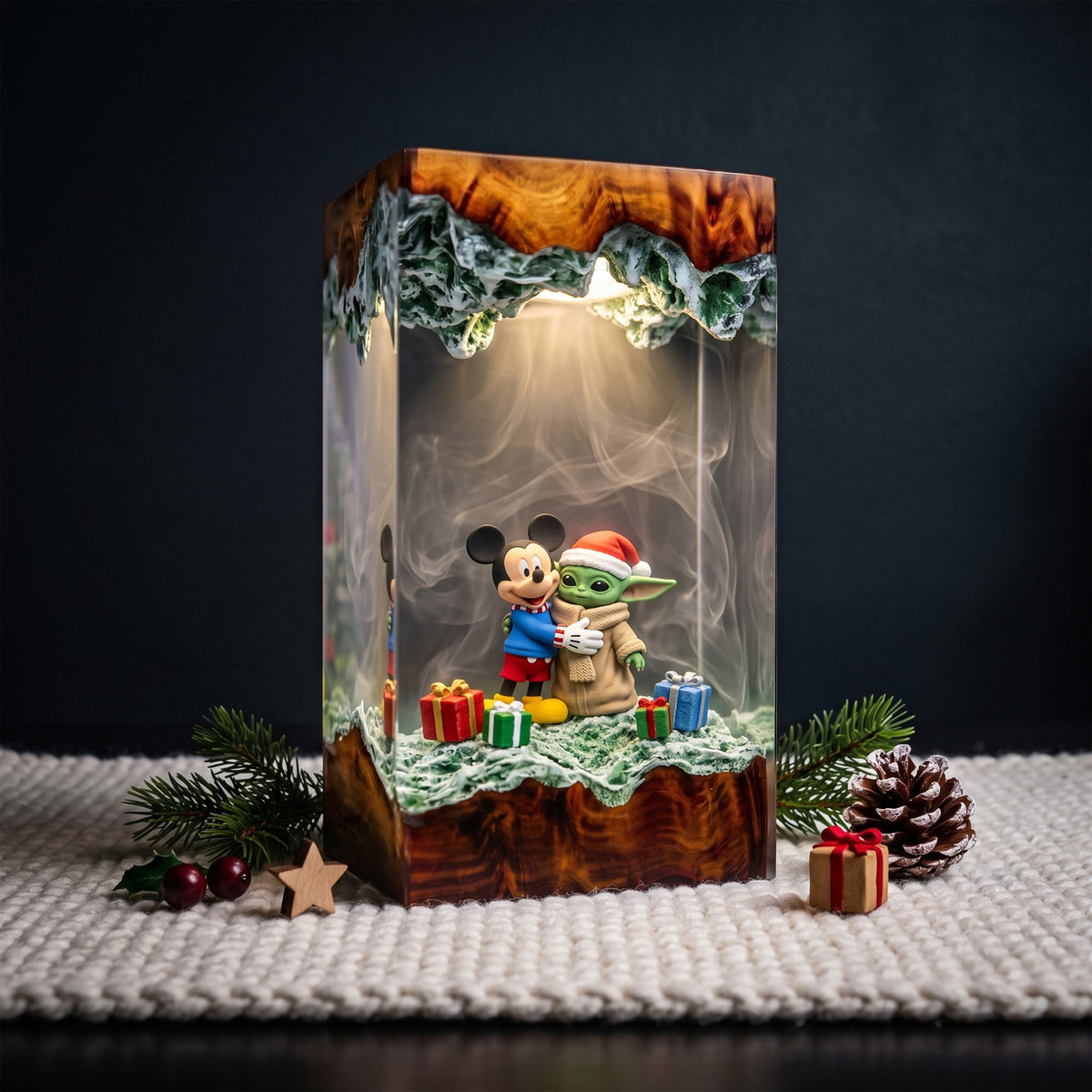 Mickey Mouse Hugging Grogu in a Santa Hat with Christmas Gifts Wood Resin Lamp