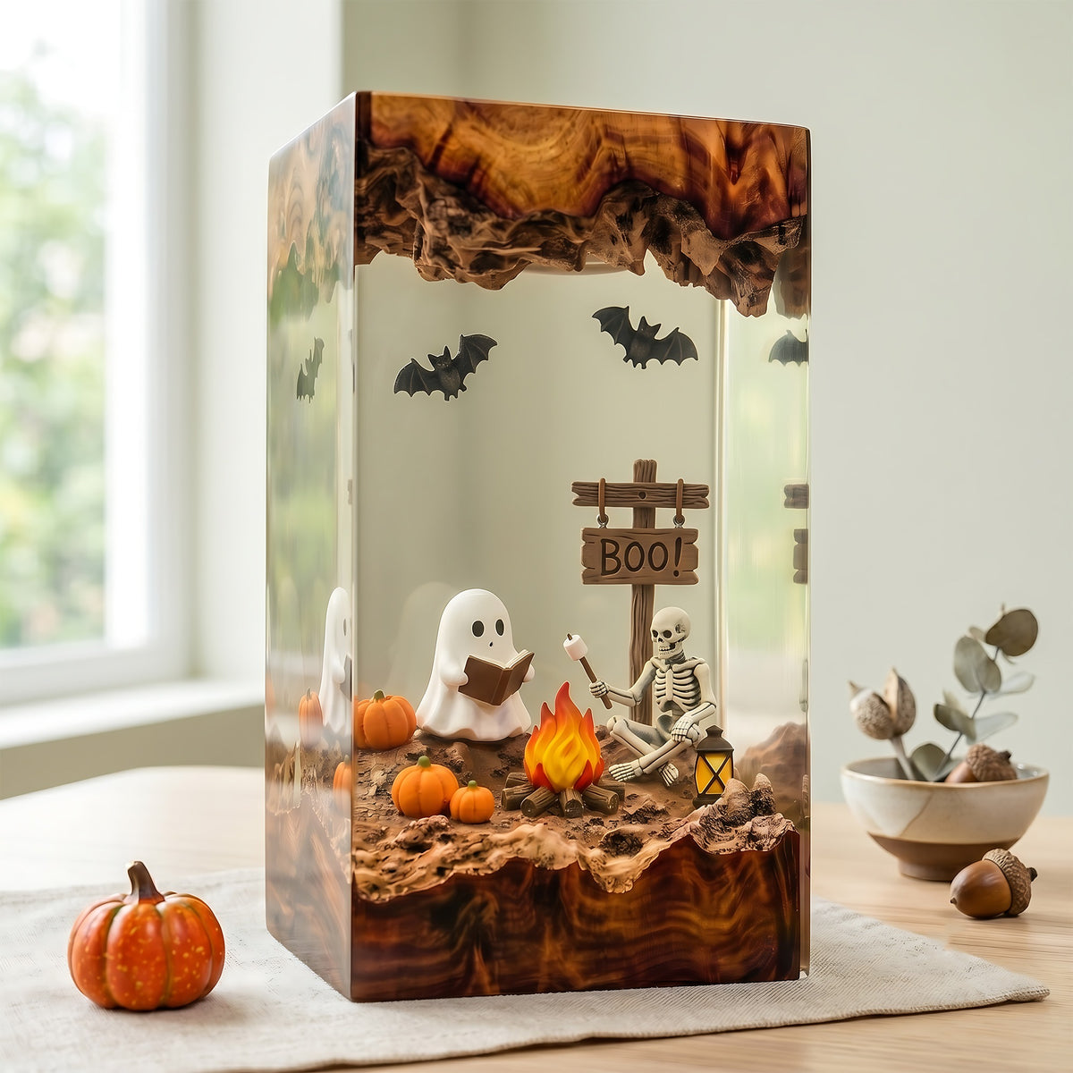 Ghost & Skeleton Campfire Resin Lamp – Reading Ghost Halloween Diorama, Pumpkin & Bat Spooky Night Light