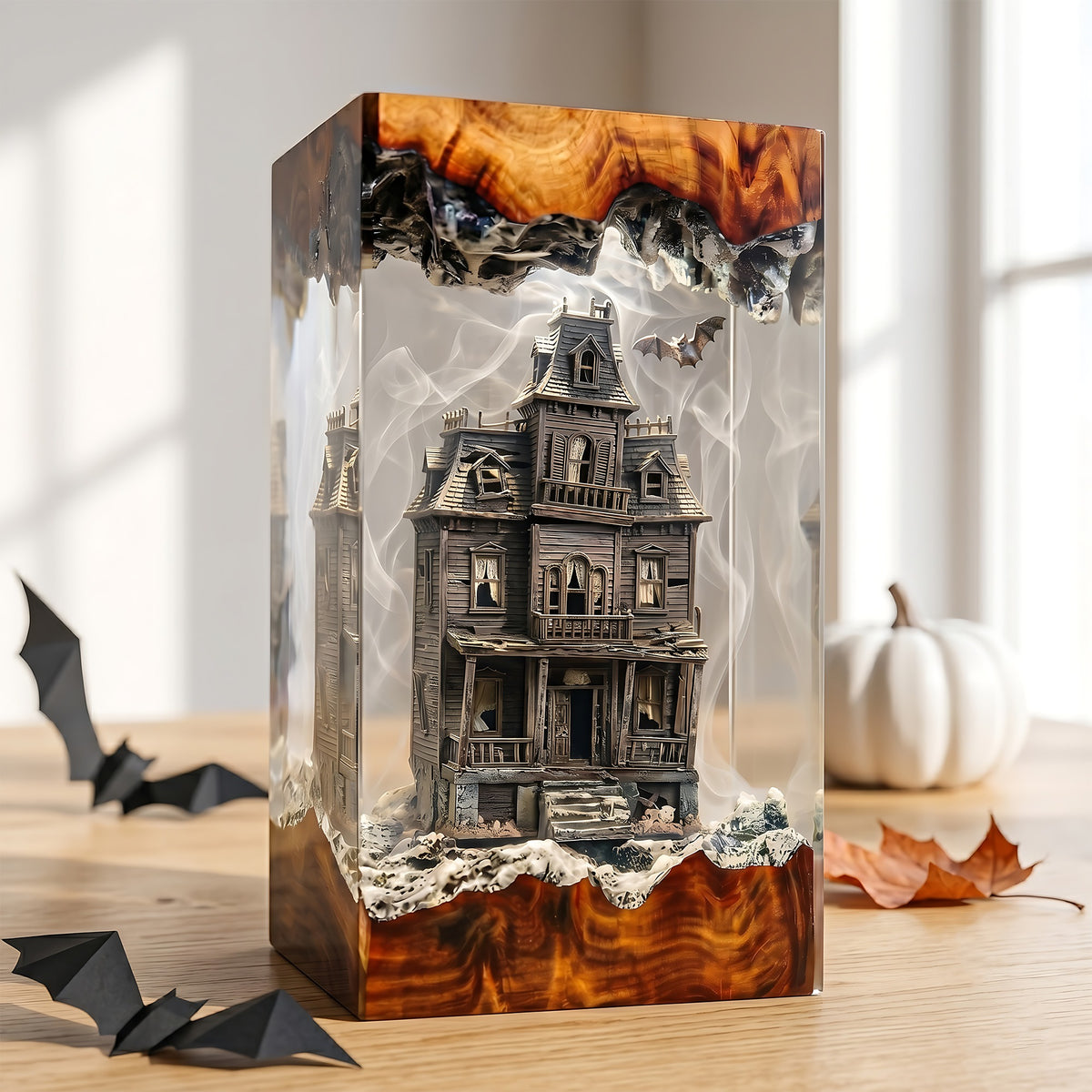 Haunted Victorian House Resin Lamp – Spooky Mansion with Bats & Ghostly Mist, Halloween Epoxy Diorama Night Light
