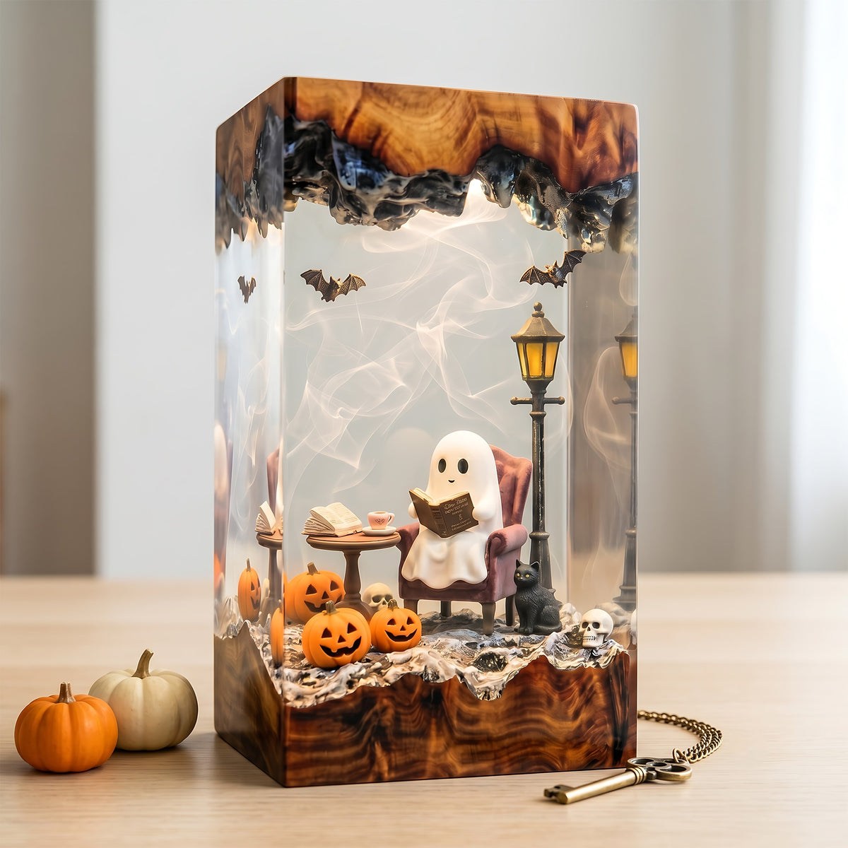 Cozy Reading Ghost Resin Lamp – Halloween Pumpkin & Black Cat Epoxy Diorama Night Light, Cute Spooky Decor