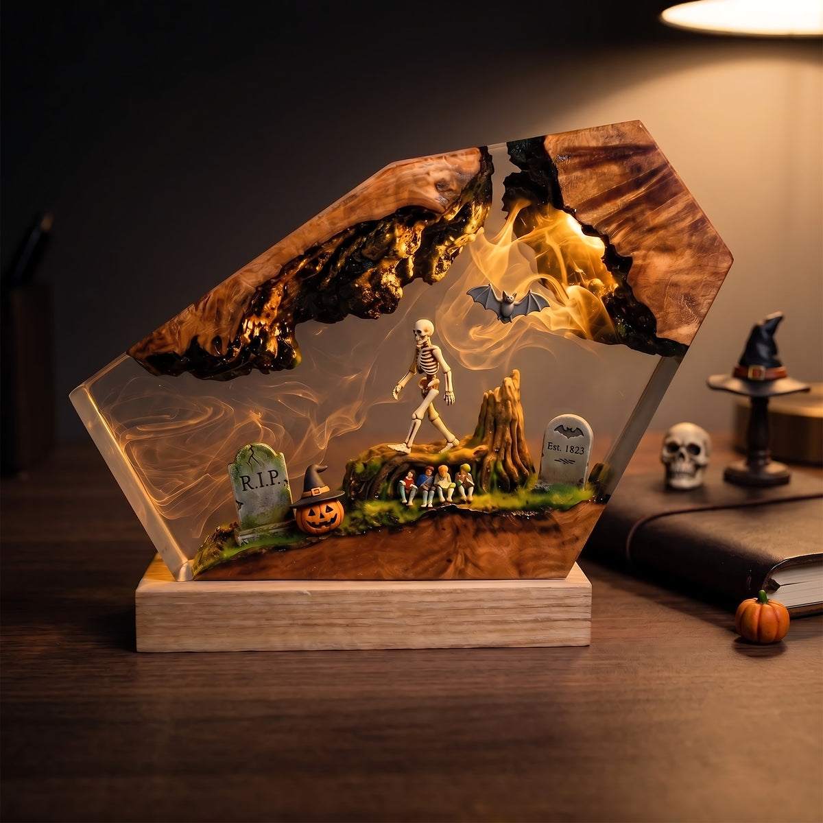 Skeleton Forest Graveyard Resin Lamp – Haunted Woodland with Bats & Witch Pumpkin, Halloween Epoxy Diorama Night Light