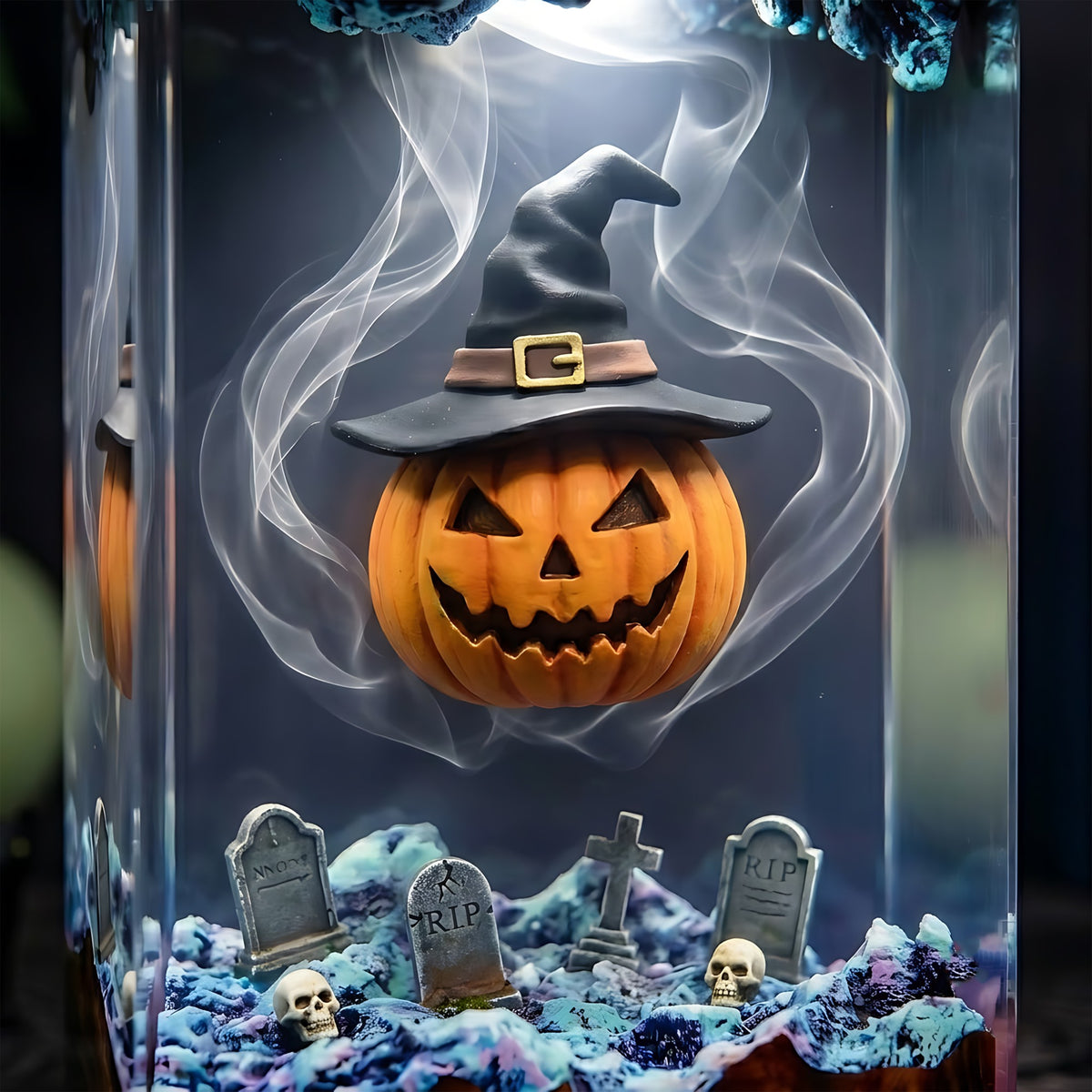 Witch Pumpkin Graveyard Resin Lamp – Jack O’ Lantern with Witch Hat, Spooky Halloween Epoxy Diorama Night Light