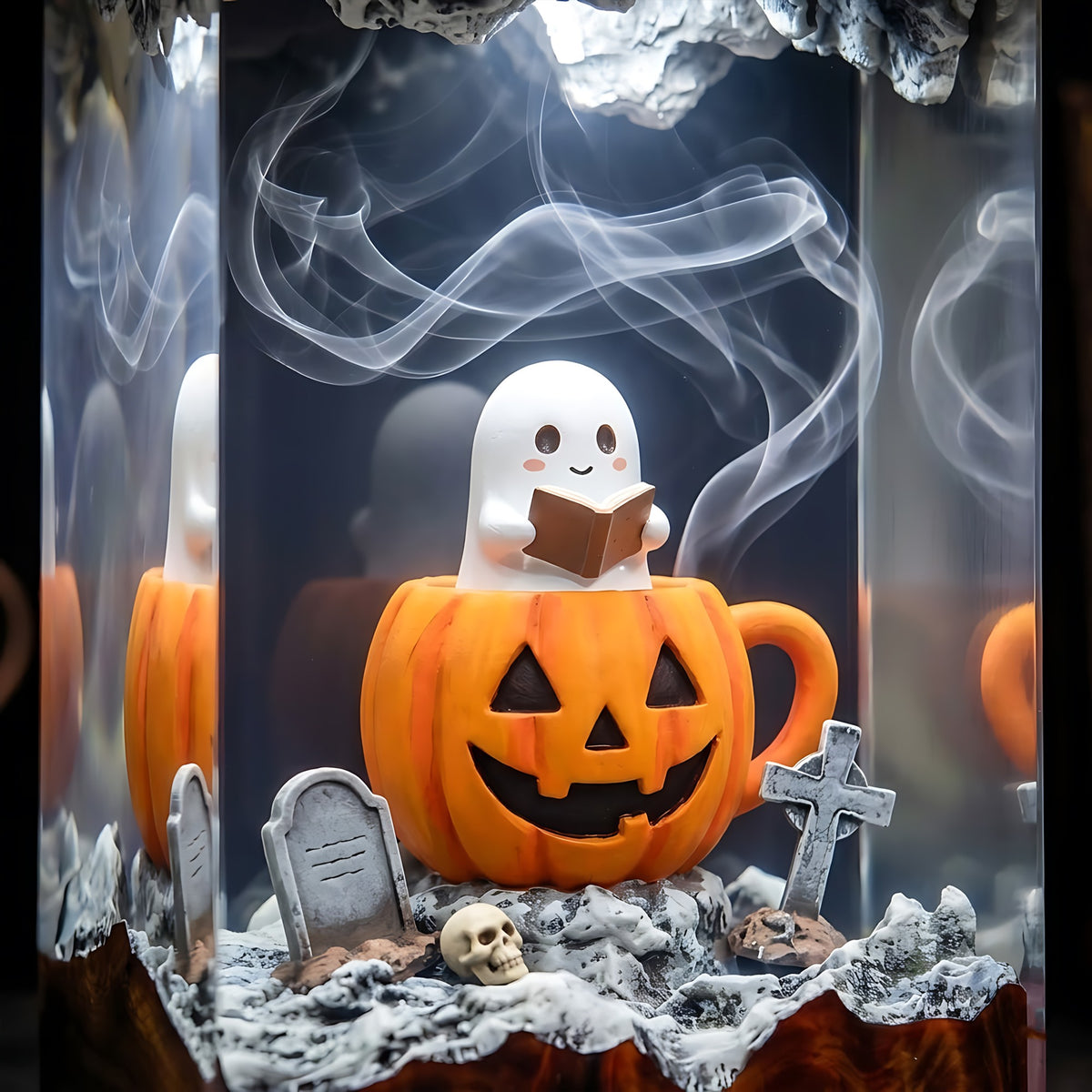 Cute Ghost Pumpkin Resin Lamp – Halloween Graveyard Epoxy Diorama Night Light