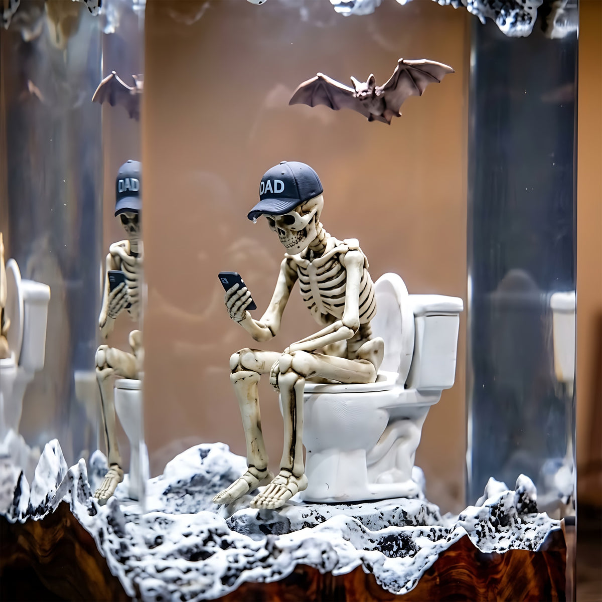 Funny Dad Skeleton Resin Lamp – Skeleton on Toilet with Phone, Halloween Epoxy Diorama Night Light, Dad Humor Gift