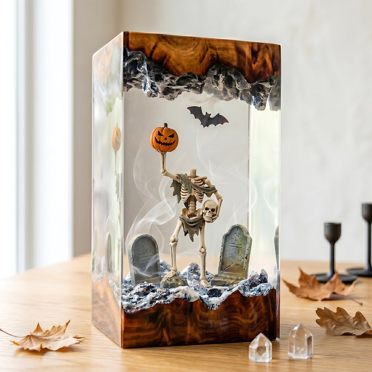 Halloween Skeleton Resin Lamp – Pumpkin Graveyard Epoxy Diorama Night Light