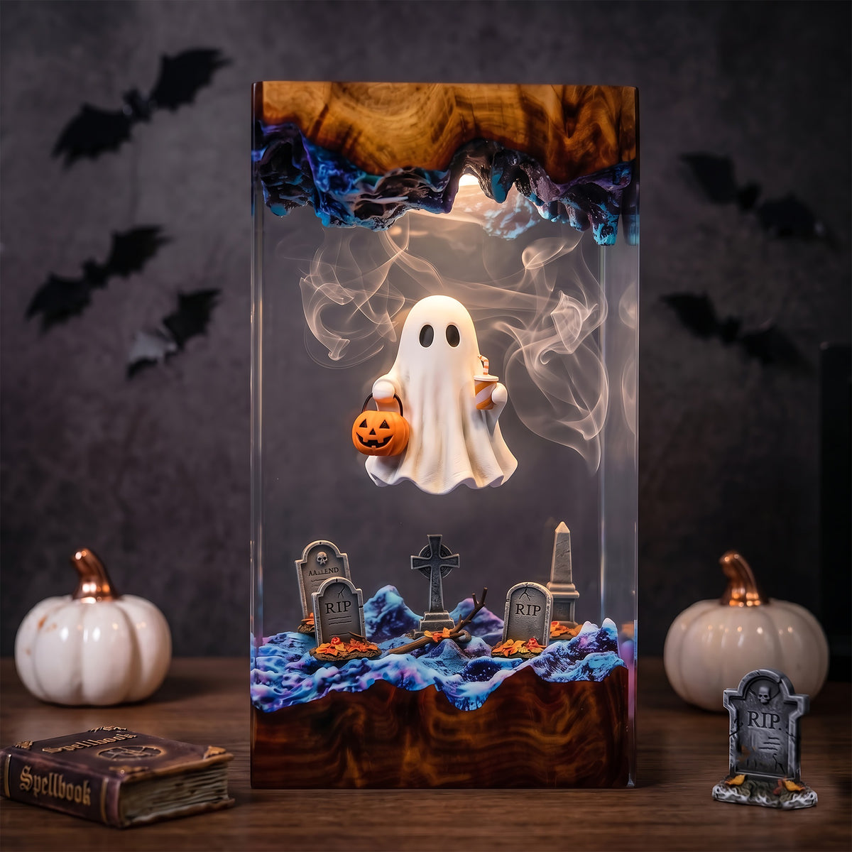 Trick or Treat Ghost Resin Lamp – Floating Ghost with Pumpkin Candy Bucket, Haunted Graveyard Halloween Epoxy Night Light