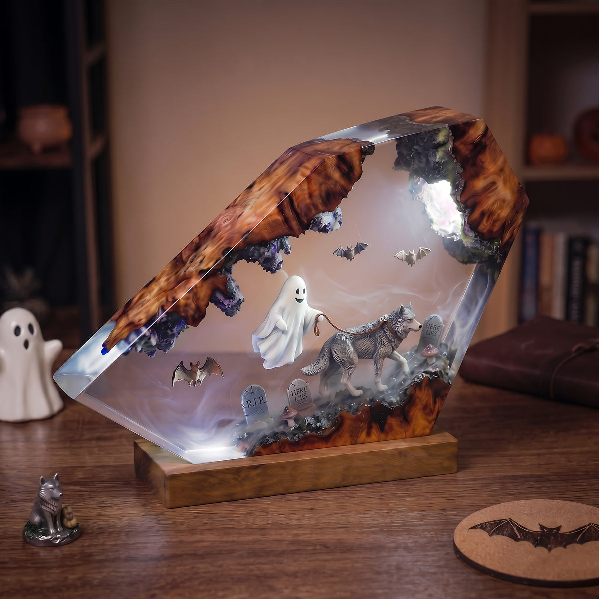 Ghost Walking Wolf Resin Lamp – Haunted Graveyard Halloween Epoxy Diorama Night Light, Spooky Woodland Decor