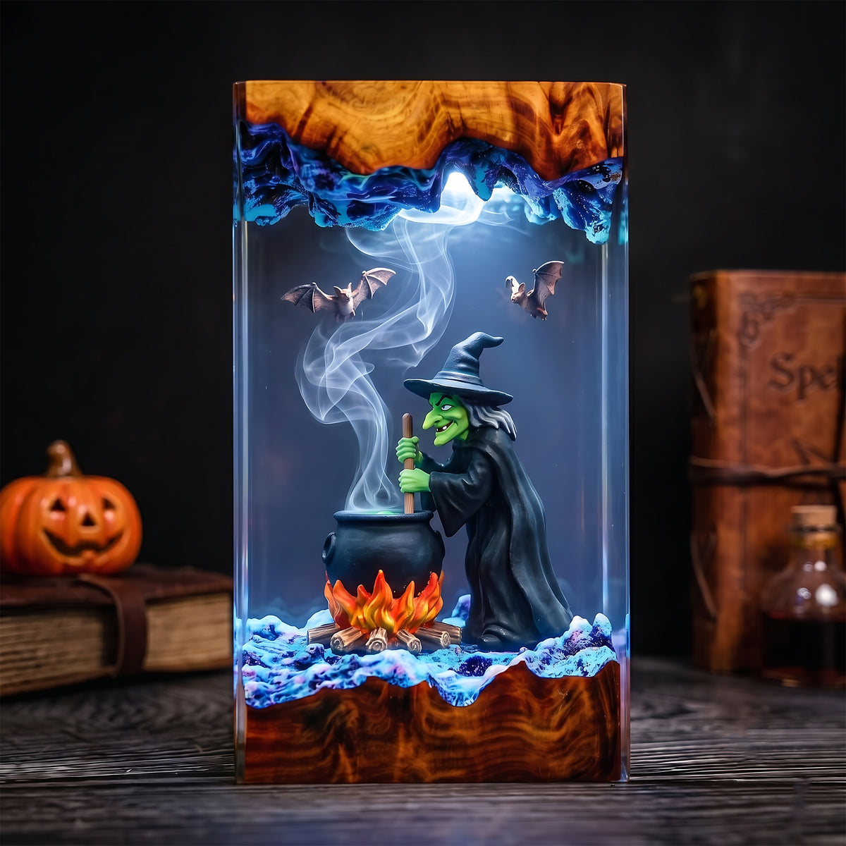 Witch Cauldron Resin Lamp – Brewing Witch with Bats & Glowing Fire, Spooky Halloween Epoxy Diorama Night Light