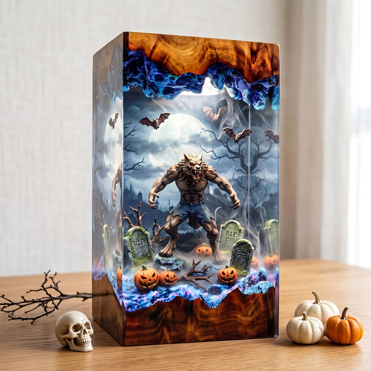 Werewolf Graveyard Resin Lamp – Full Moon Wolf Monster with Pumpkins & Bats, Halloween Epoxy Diorama Night Light