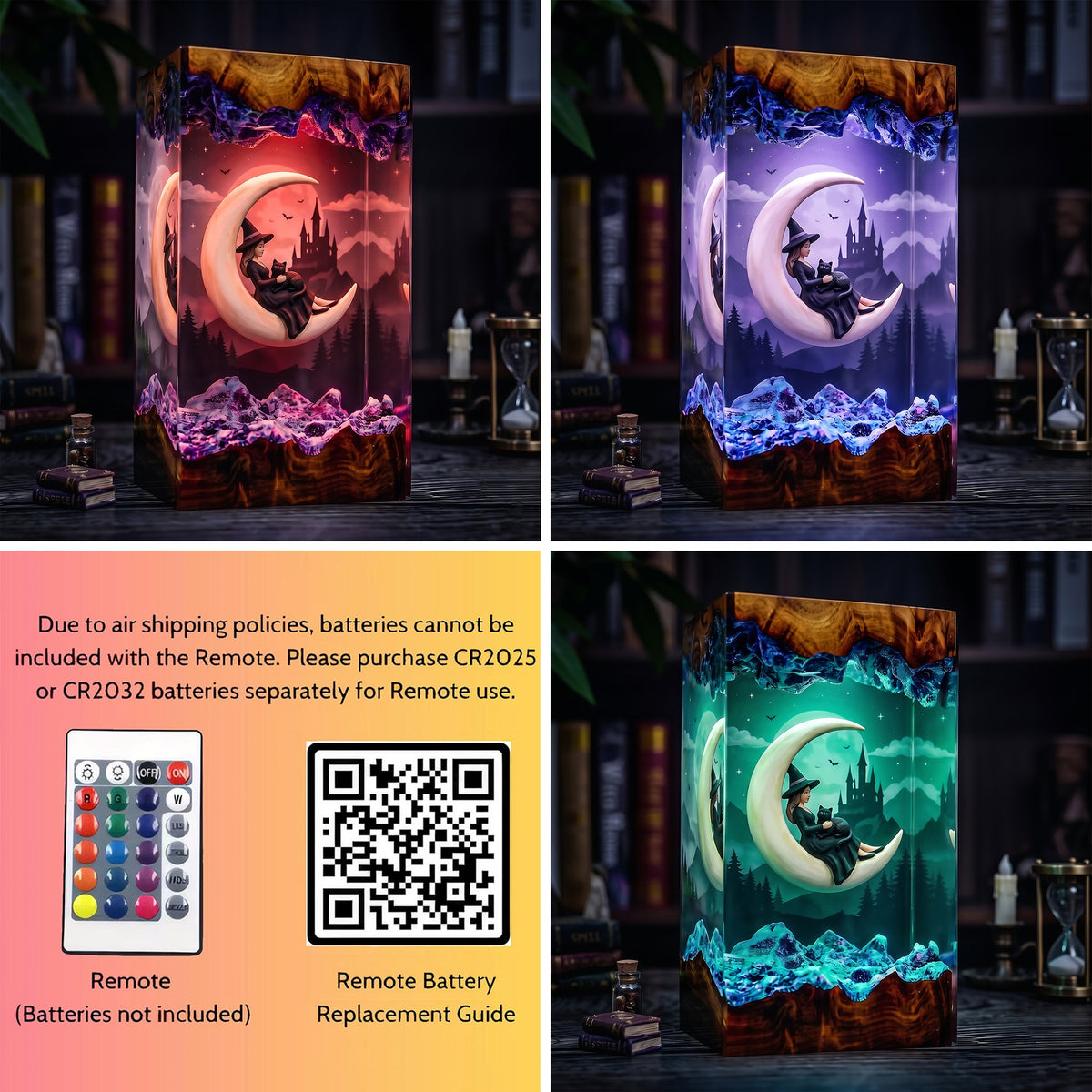 Moonlit Witch & Black Cat Resin Lamp – Crescent Moon Haunted Castle Halloween Epoxy Diorama Night Light, Gothic Witch Decor