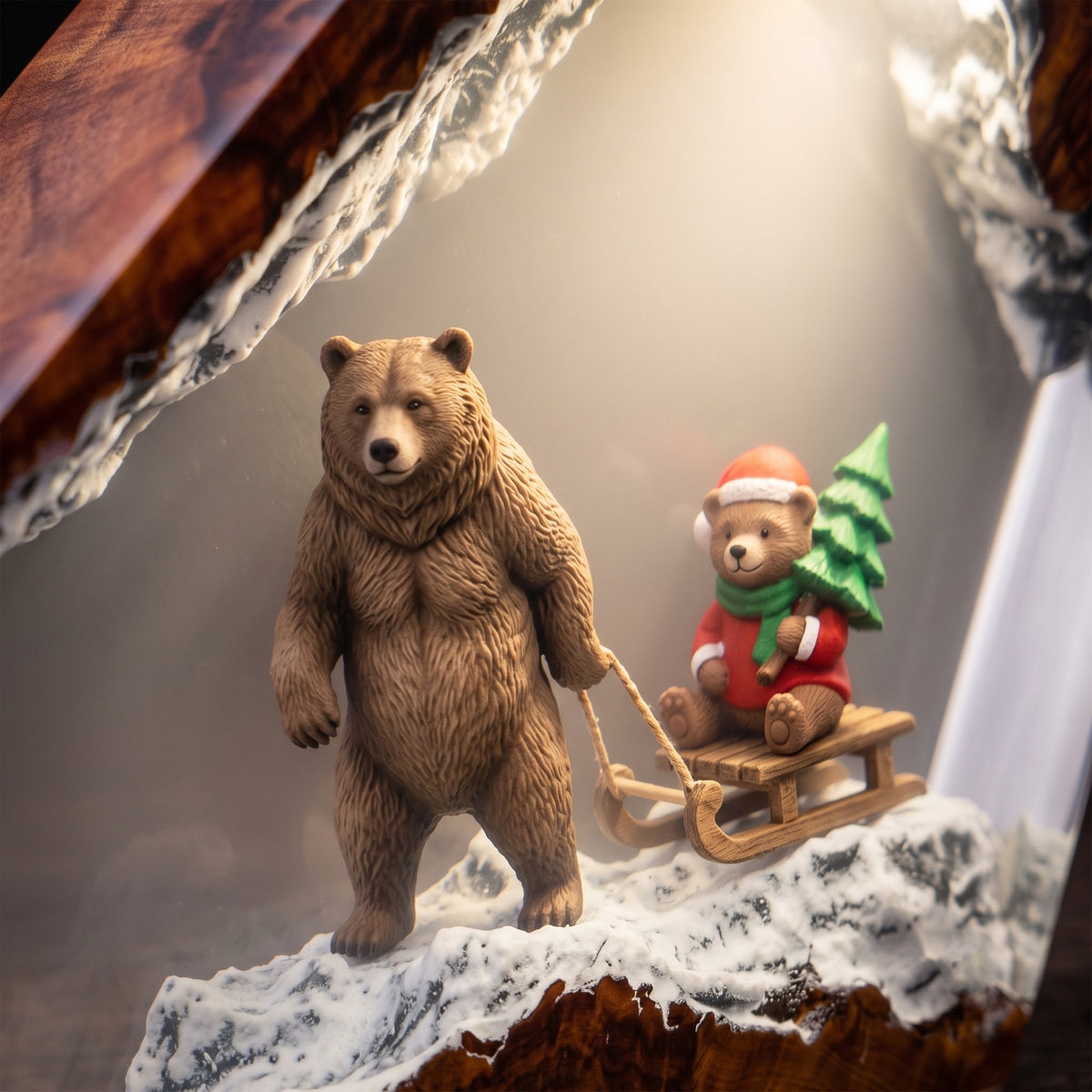 Christmas Bear & Teddy Sled Resin Lamp – Snowy Woodland Holiday Epoxy Diorama Night Light, Cozy Winter Christmas Decor