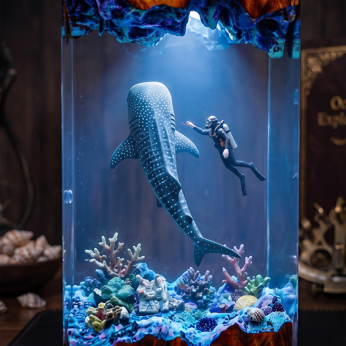 Whale Shark & Scuba Diver Ocean Wood Resin Lamp