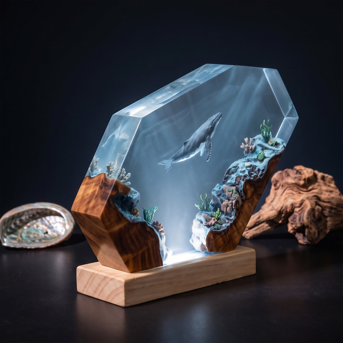 Humpback Whale Coral Reef Ocean Wood Resin Lamp