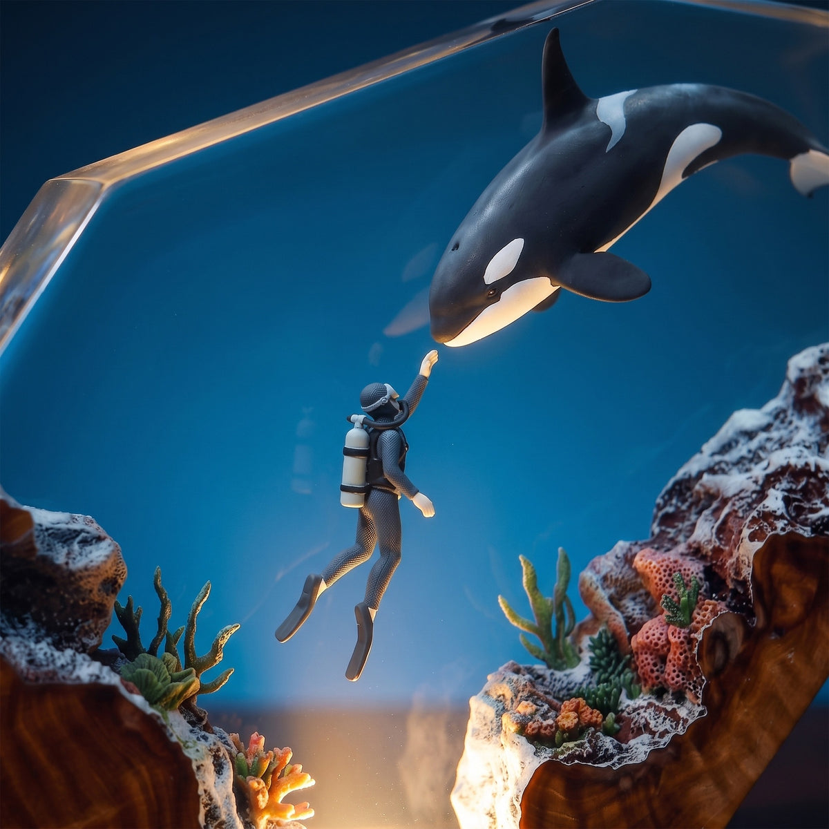 Orca & Scuba Diver Ocean Wood Resin Lamp