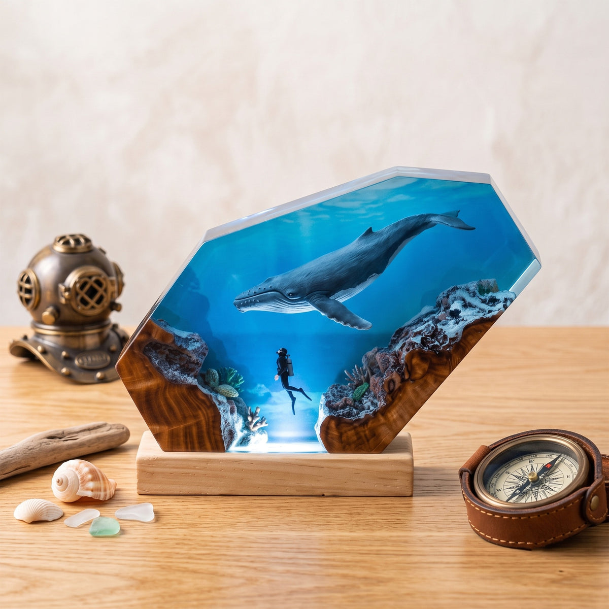 Humpback Whale & Scuba Diver Ocean Wood Resin Lamp