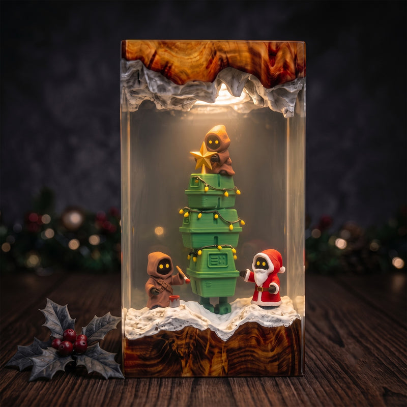 Galactic Holiday Droid Tree Resin Lamp – Tiny Hooded Helpers Decorating a Christmas Tree, Sci Fi Epoxy Diorama Night Light