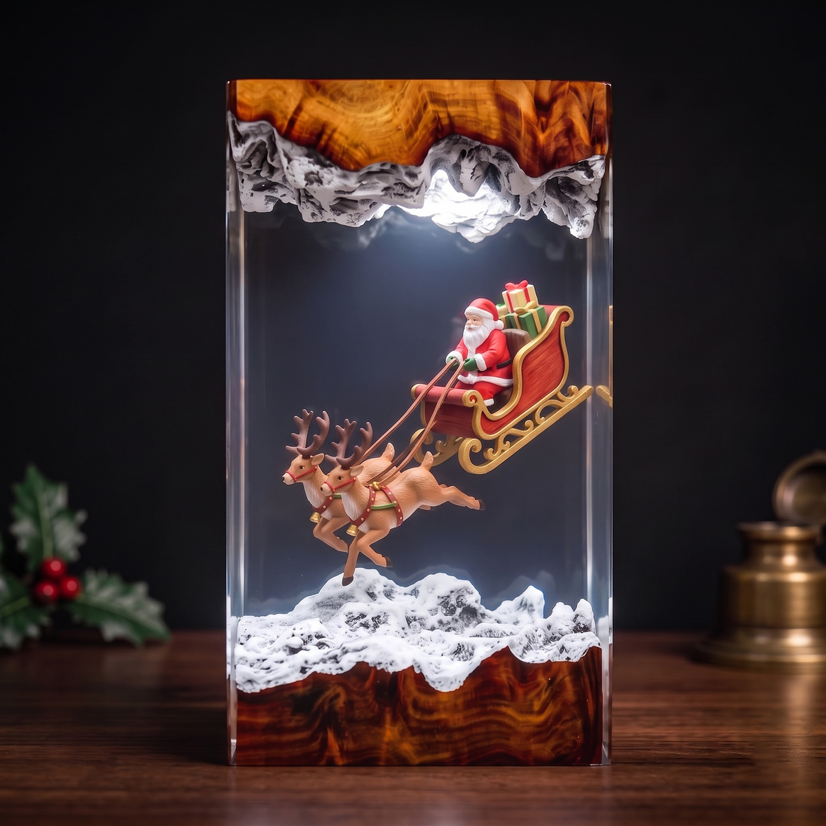 Santa Claus in a Flying Sleigh with Two Reindeer and Gifts Christmas Wood Resin Lamp