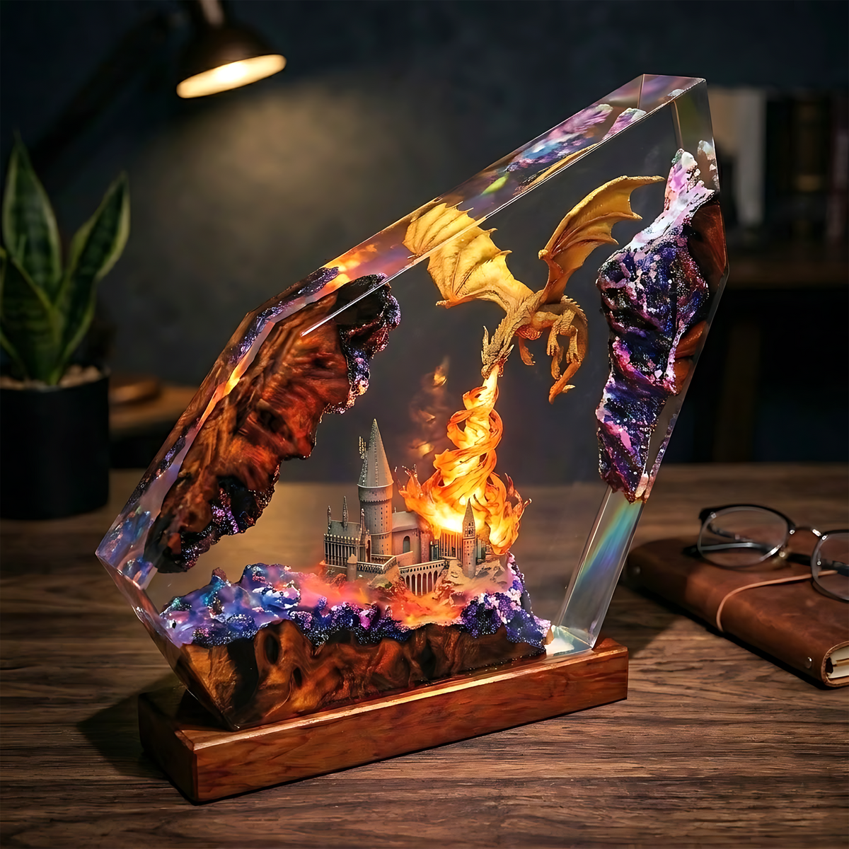 Fire-Breathing Dragon & Fantasy Castle Wood Resin Lamp