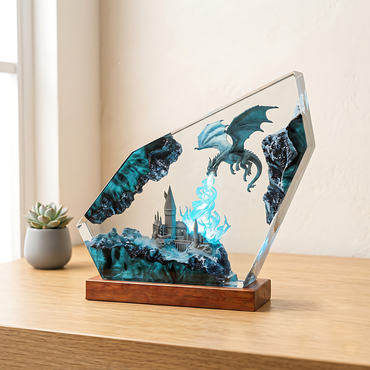 Blue Flame Dragon & Fantasy Castle Wood Resin Lamp