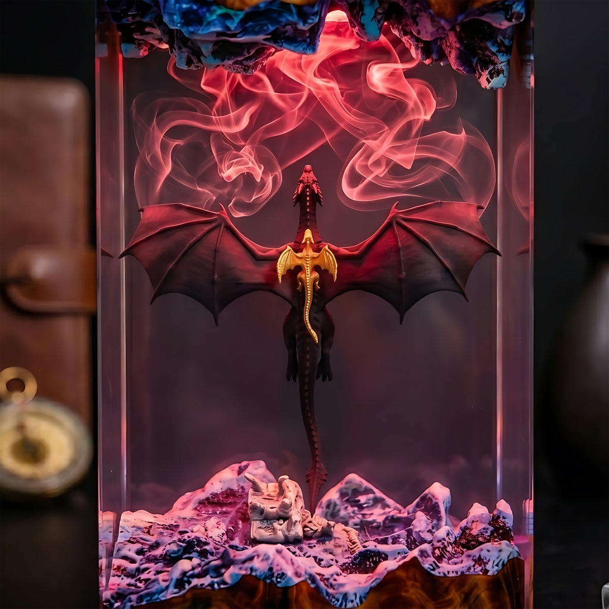 Flying Dragon & Baby Dragon Fantasy Wood Resin Lamp