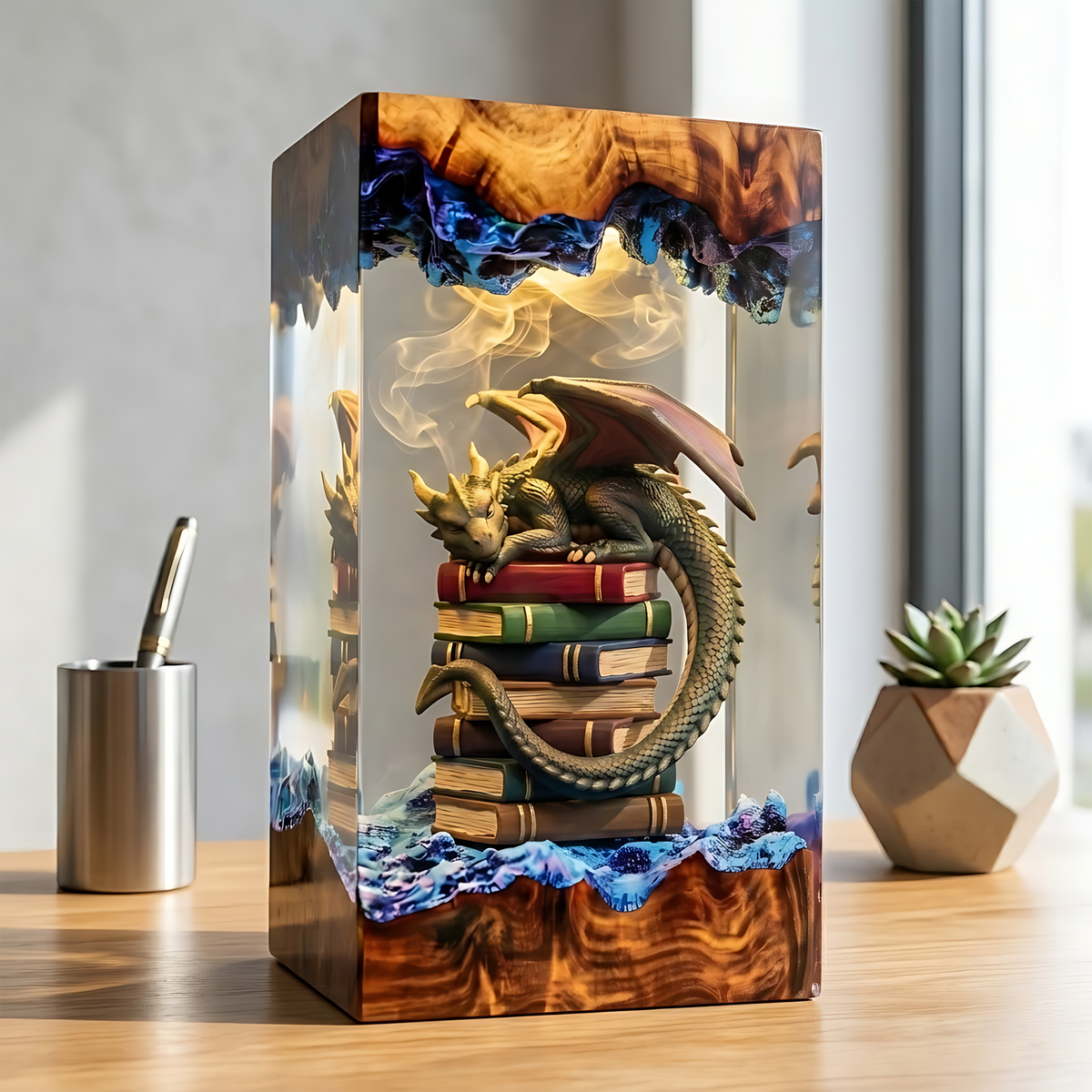 Sleeping Dragon on Stacked Books Wood Resin Lamp