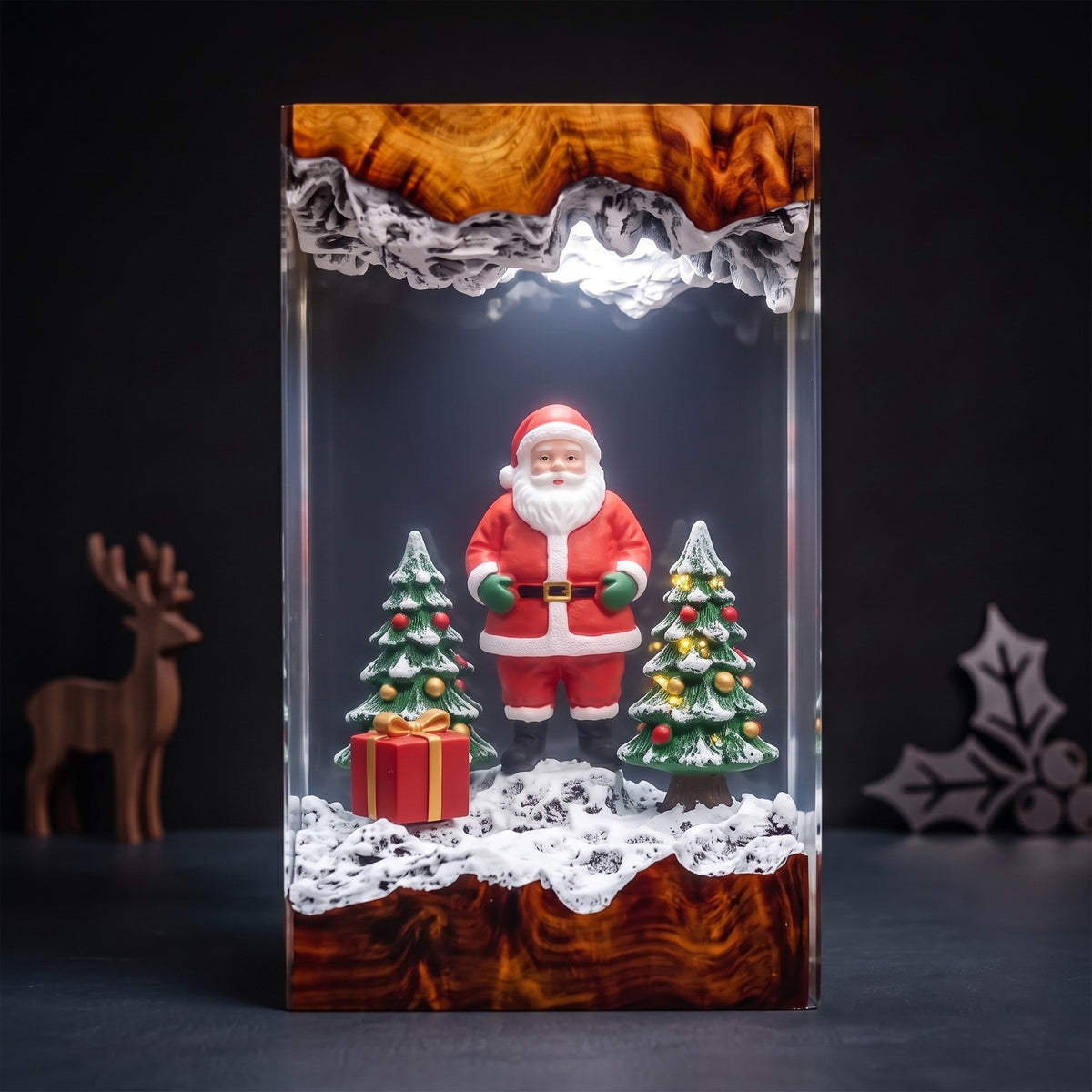 Santa Claus with Snowy Christmas Trees and Gift Box Wood Resin Lamp
