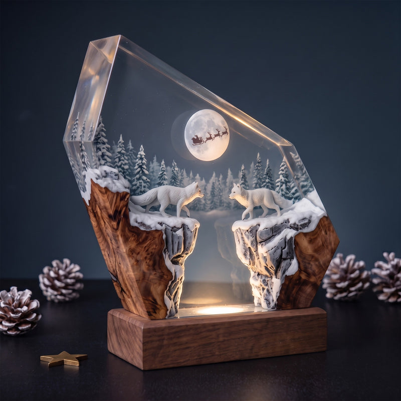 Arctic Foxes & Santa Sleigh Christmas Wood Resin Lamp