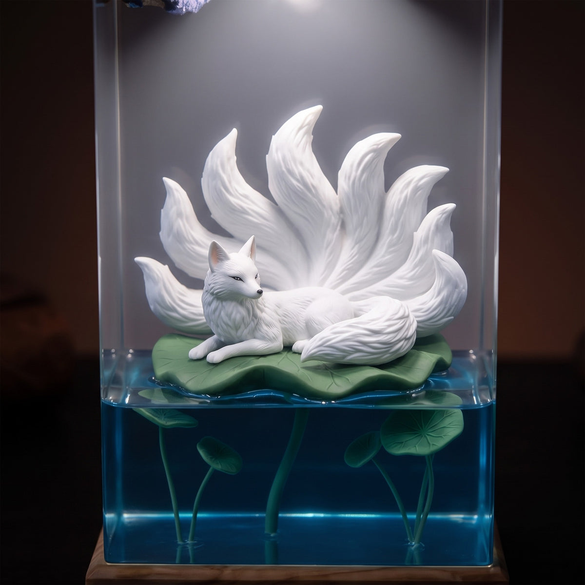 White Nine-Tailed Fox on Lotus Leaf Wood Resin Lamp