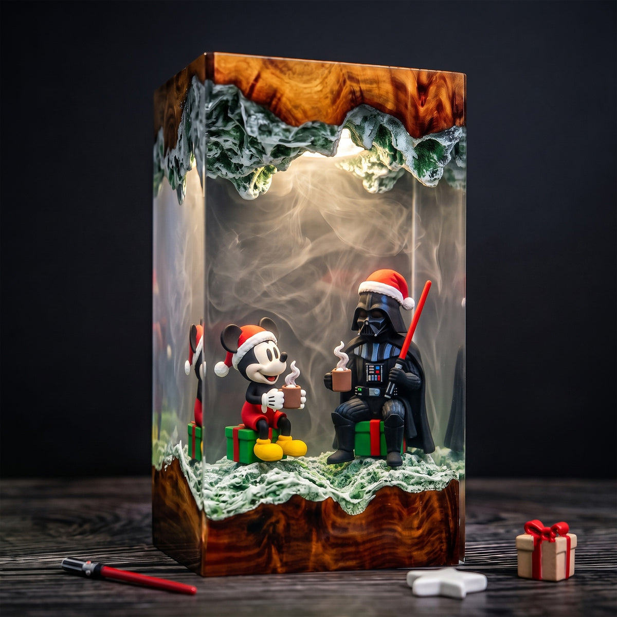 Christmas Dark Lord & Classic Mouse Resin Lamp – Holiday Cocoa Scene, Festive Movie Inspired Epoxy Diorama Night Light