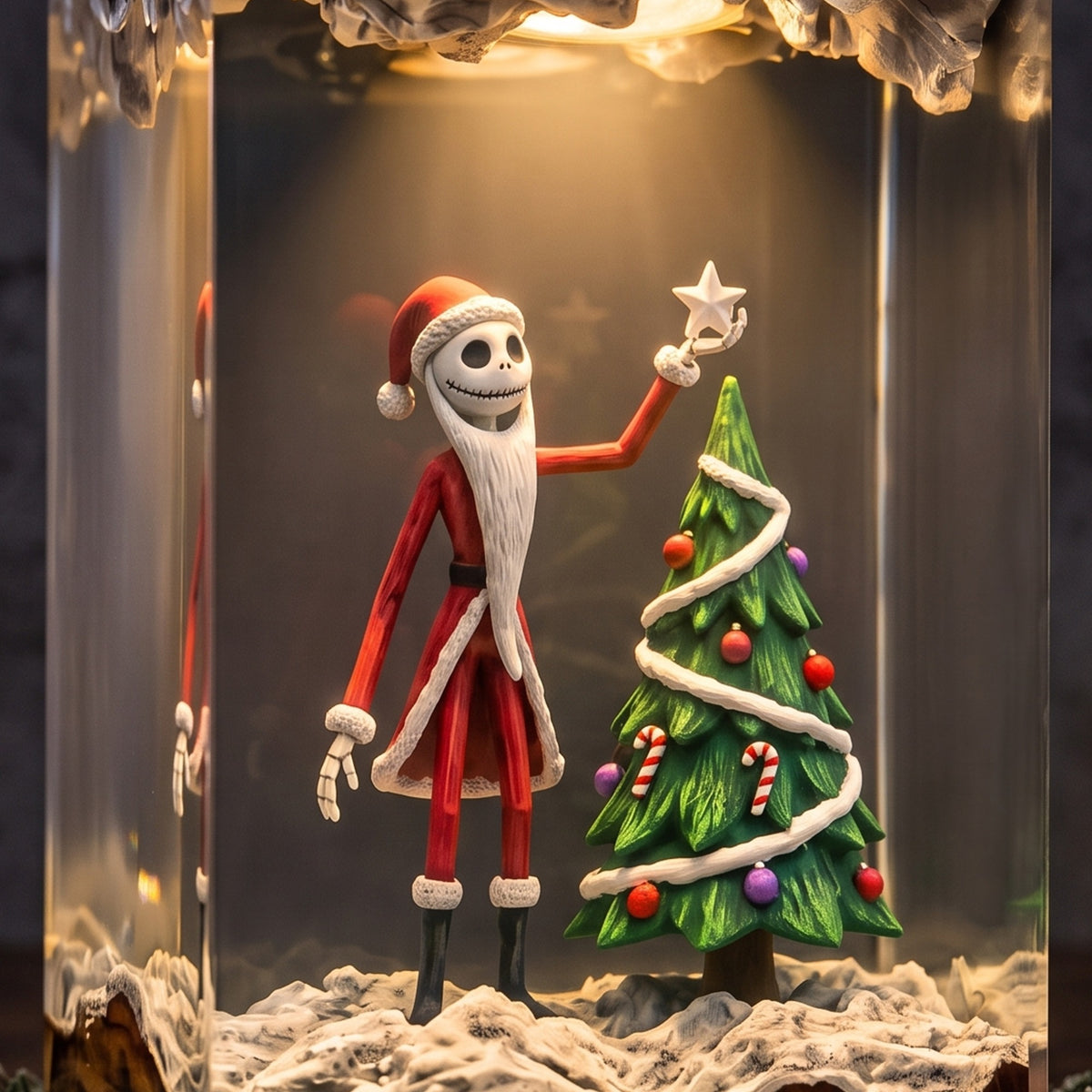 Christmas Skeleton Resin Lamp – Skeleton Santa Decorating Christmas Tree, Festive Epoxy Diorama Night Light, Holiday Decor