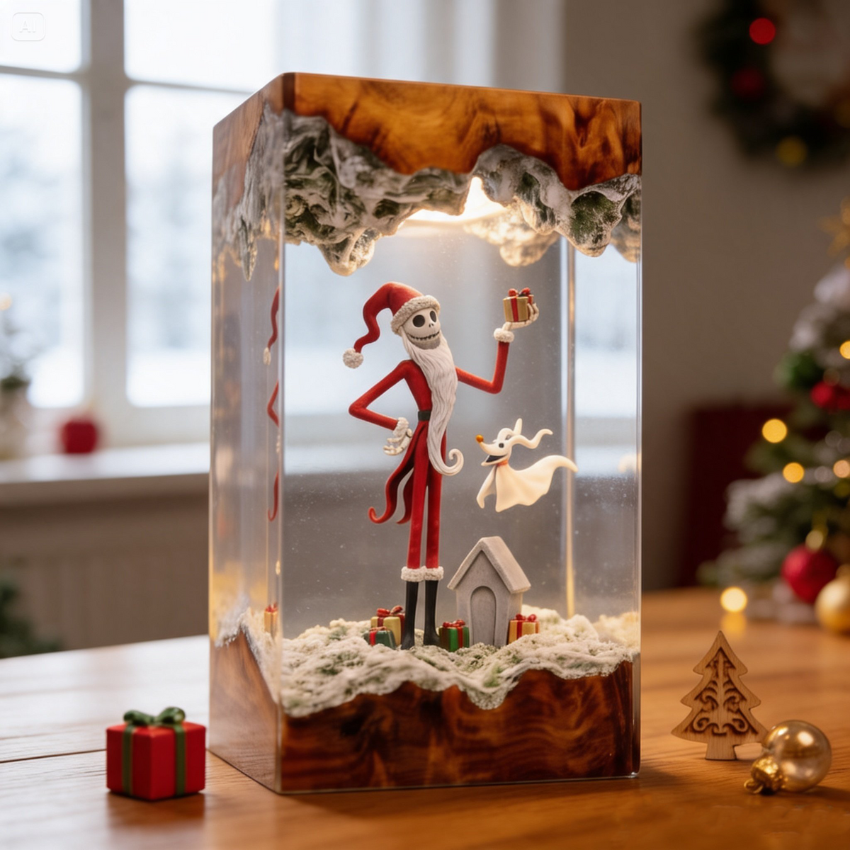 Jack Skellington in Santa Outfit with Zero Ghost Dog and Christmas Gifts Wood Resin Lamp