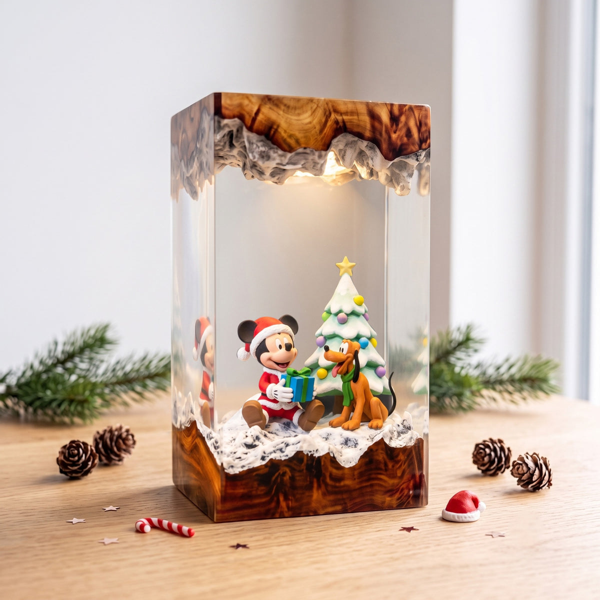 Mickey Mouse in Santa Outfit & Pluto with Gift Box and Snowy Christmas Tree Wood Resin Lamp
