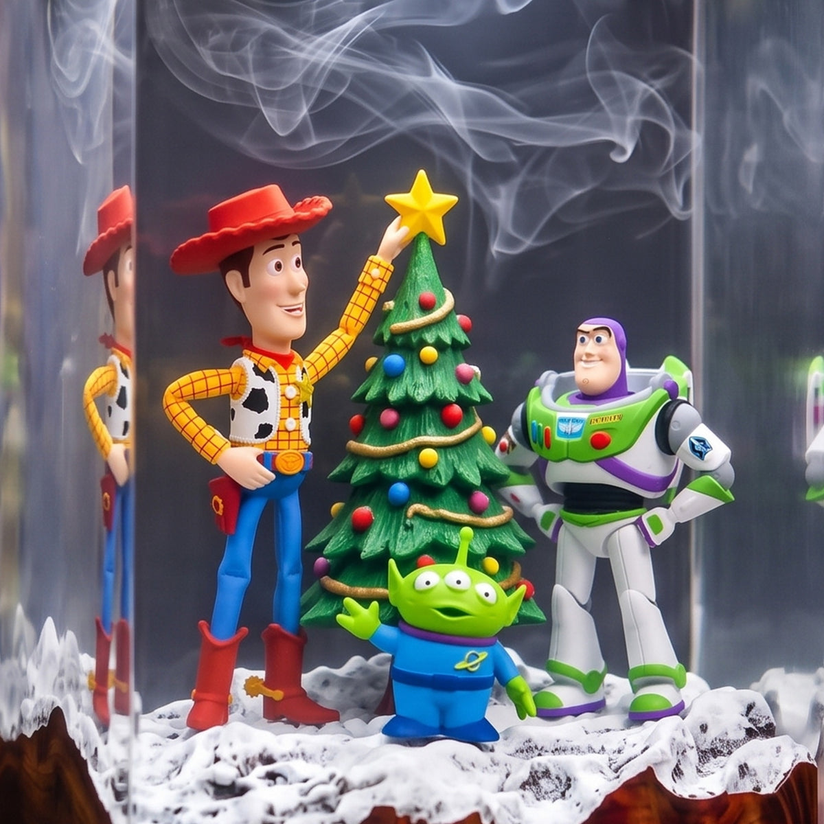 Woody, Buzz Lightyear & Little Green Alien with Decorated Christmas Tree Wood Resin Lamp