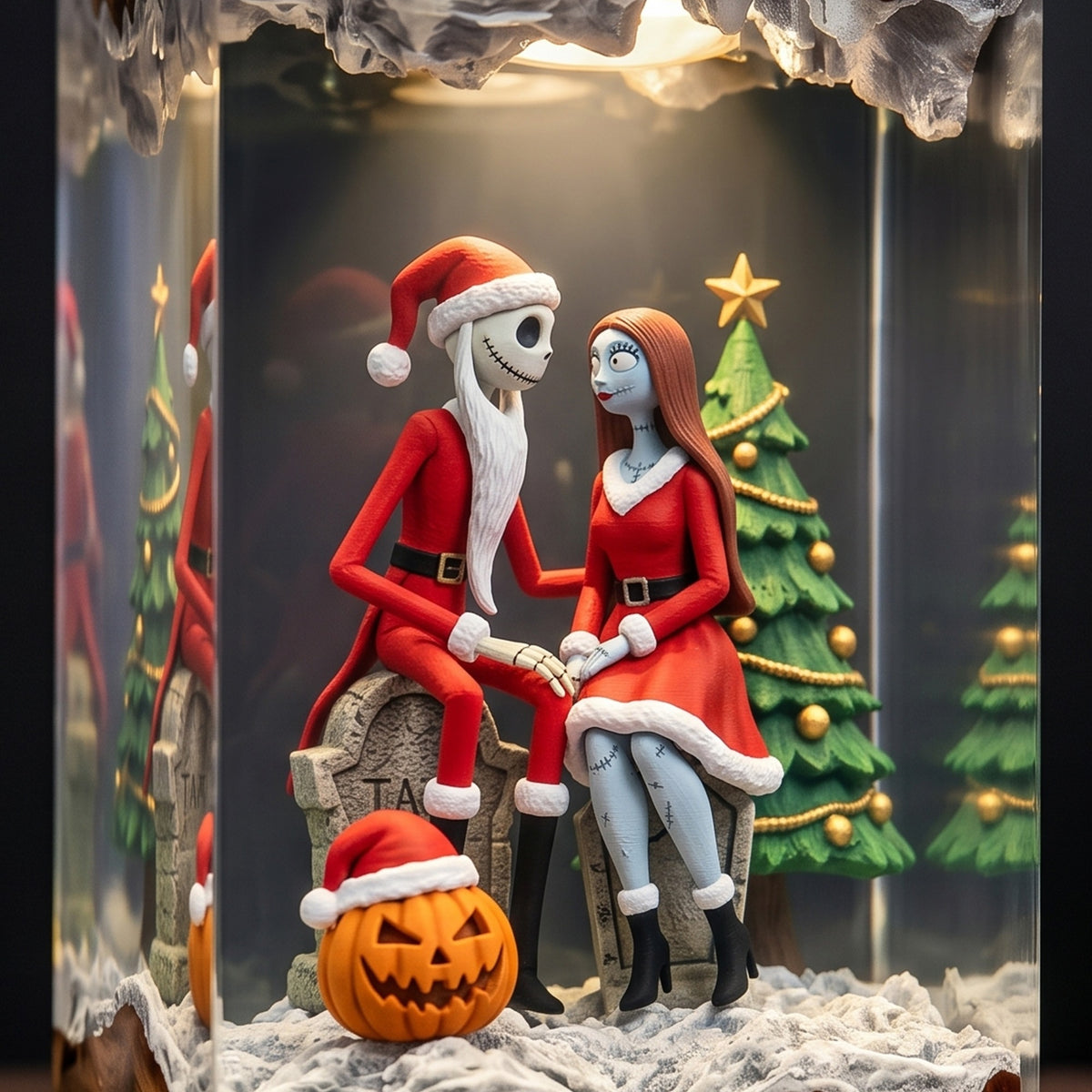 Jack Skellington & Sally in Santa Outfits with Christmas Tree and Pumpkin Wood Resin Lamp