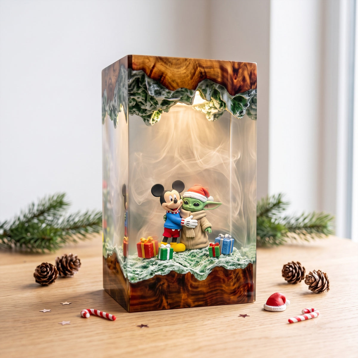 Mickey Mouse Hugging Grogu in a Santa Hat with Christmas Gifts Wood Resin Lamp
