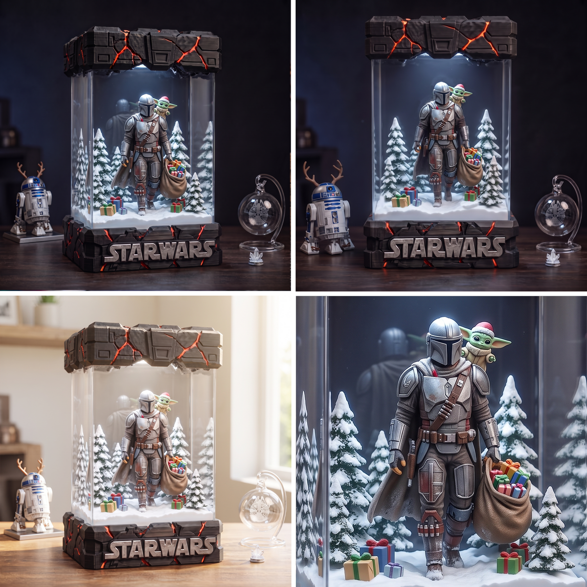 Mandalorian Carrying Christmas Gifts with Santa Hat Grogu in a Snowy Forest Resin Lamp