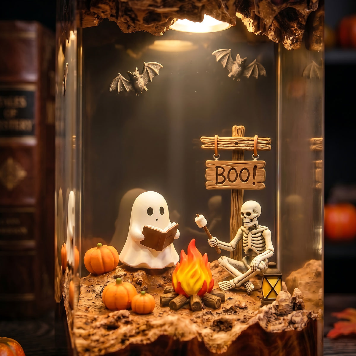 Ghost & Skeleton Campfire Resin Lamp – Reading Ghost Halloween Diorama, Pumpkin & Bat Spooky Night Light