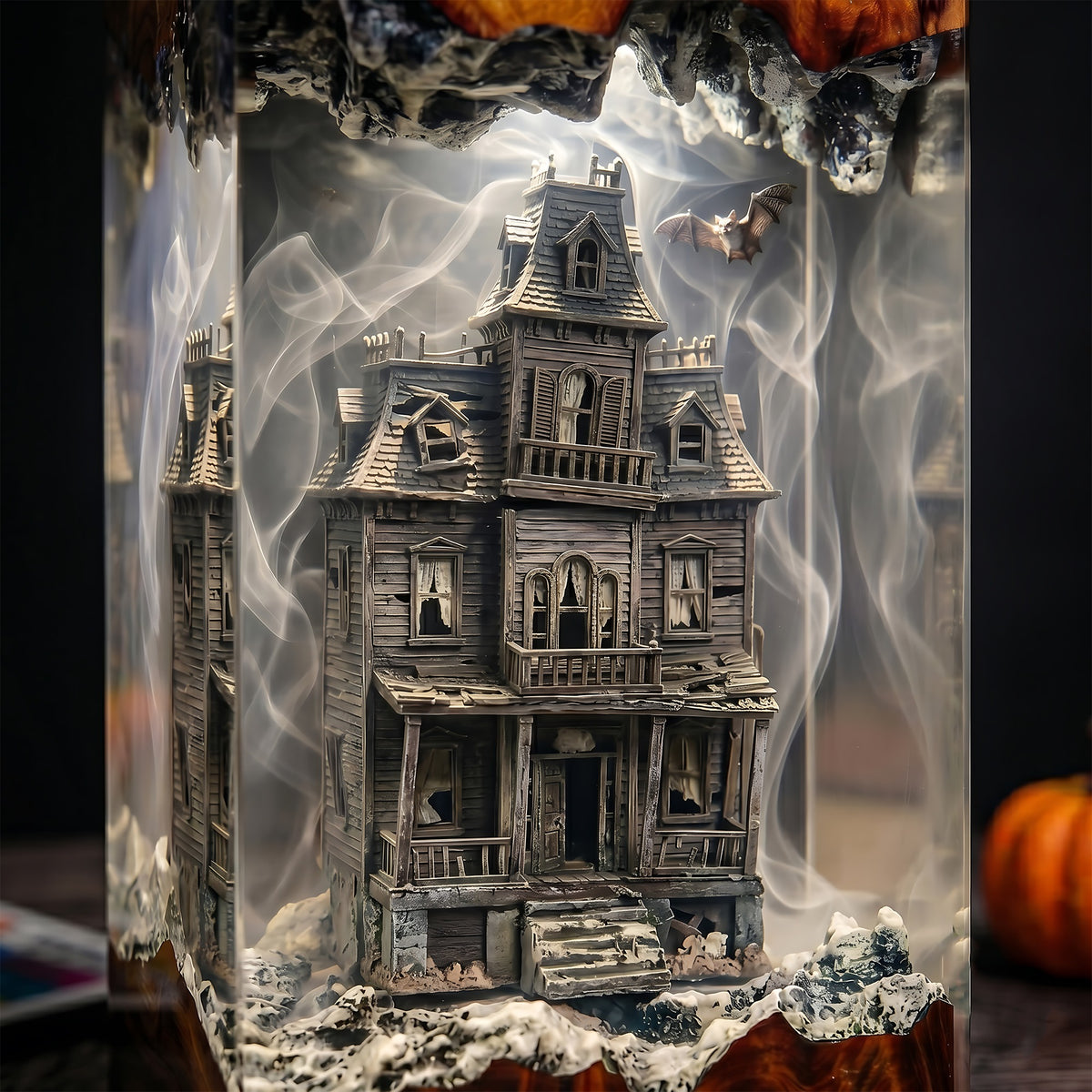 Haunted Victorian House Resin Lamp – Spooky Mansion with Bats & Ghostly Mist, Halloween Epoxy Diorama Night Light