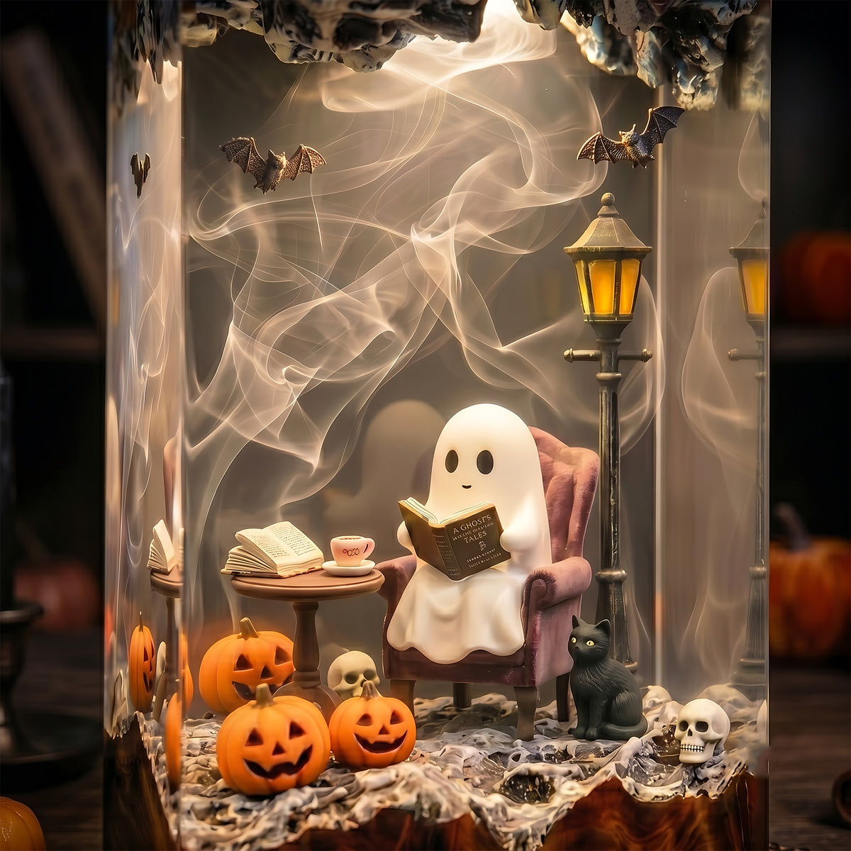 Cozy Reading Ghost Resin Lamp – Halloween Pumpkin & Black Cat Epoxy Diorama Night Light, Cute Spooky Decor