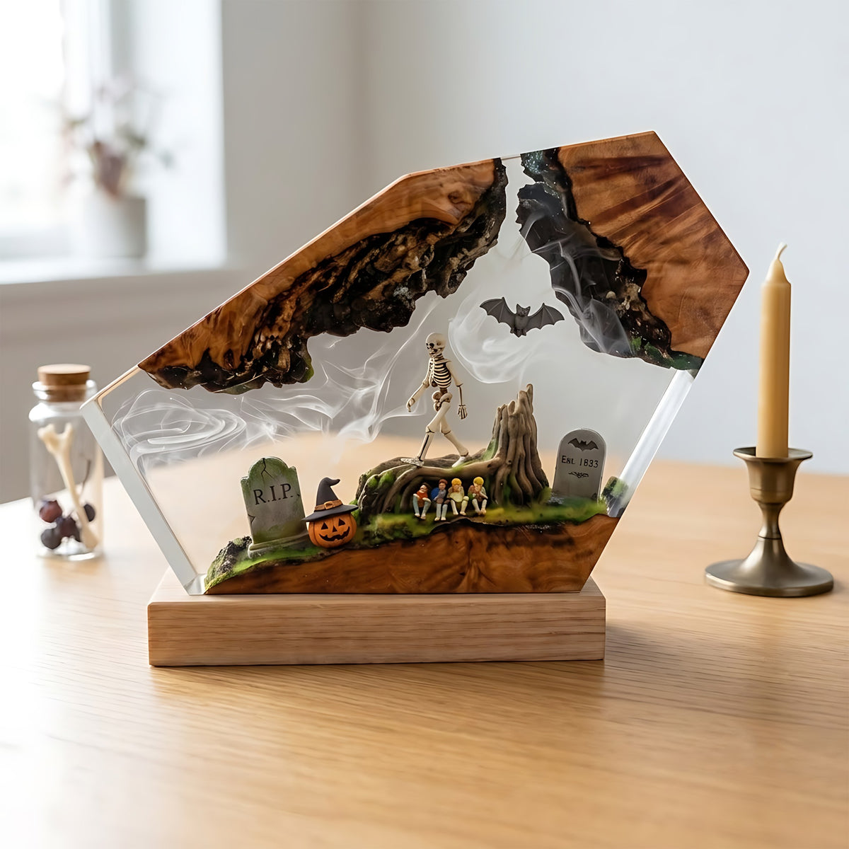 Skeleton Forest Graveyard Resin Lamp – Haunted Woodland with Bats & Witch Pumpkin, Halloween Epoxy Diorama Night Light