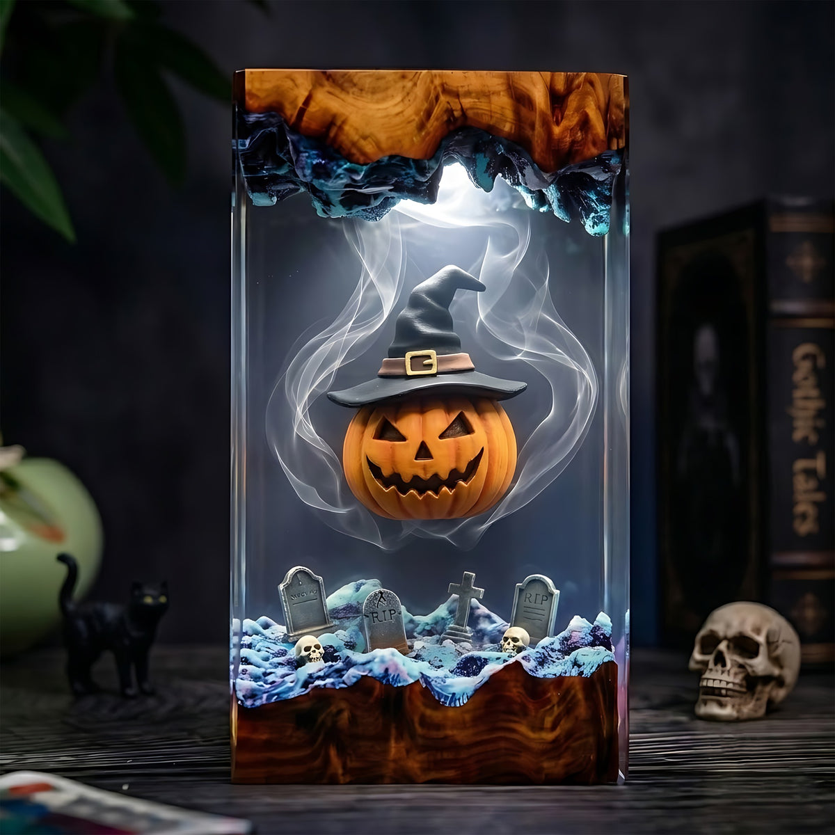 Witch Pumpkin Graveyard Resin Lamp – Jack O’ Lantern with Witch Hat, Spooky Halloween Epoxy Diorama Night Light
