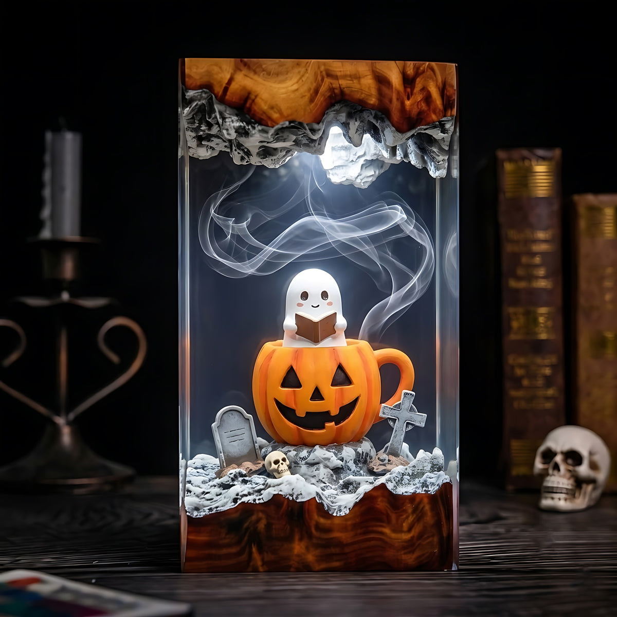 Cute Ghost Pumpkin Resin Lamp – Halloween Graveyard Epoxy Diorama Night Light