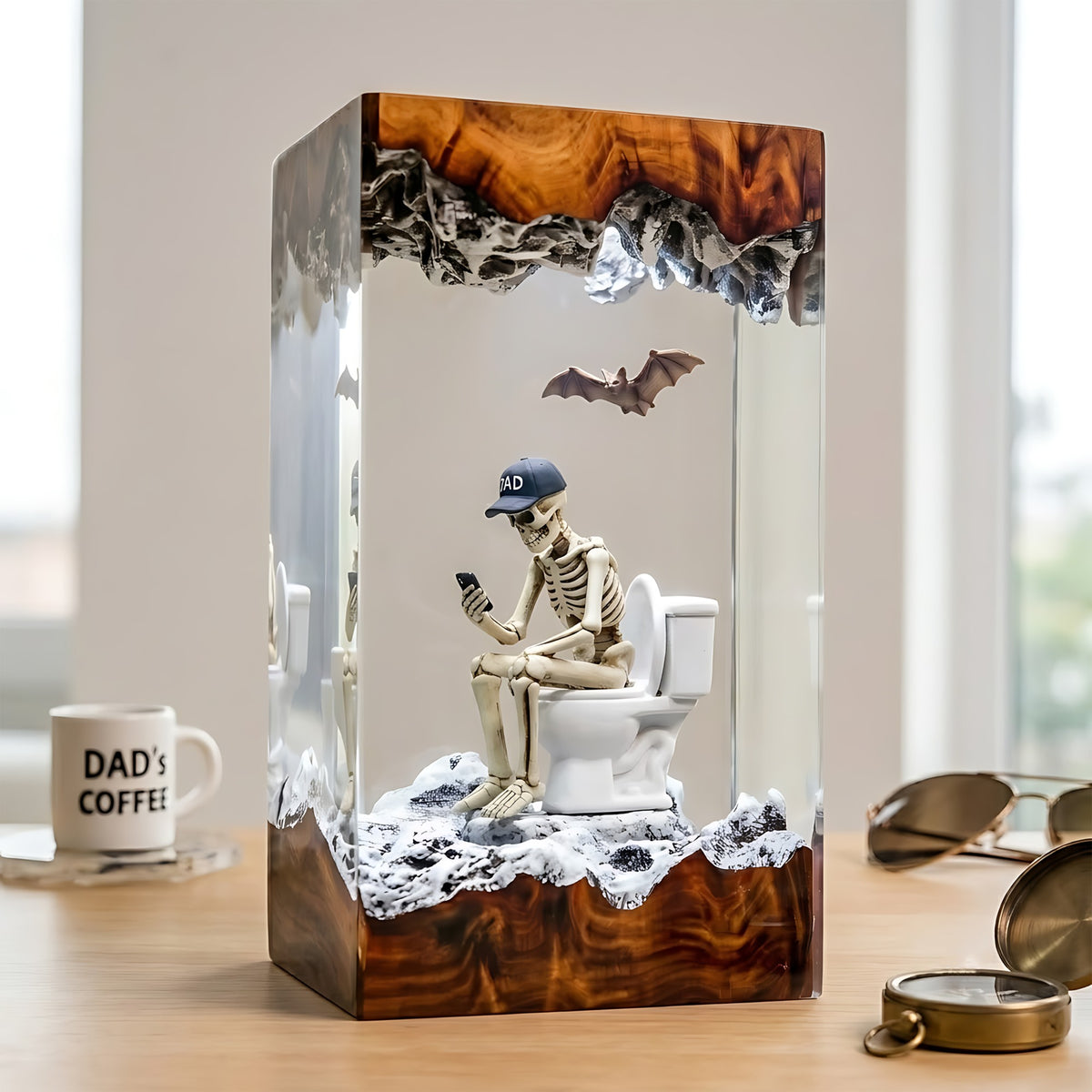 Funny Dad Skeleton Resin Lamp – Skeleton on Toilet with Phone, Halloween Epoxy Diorama Night Light, Dad Humor Gift