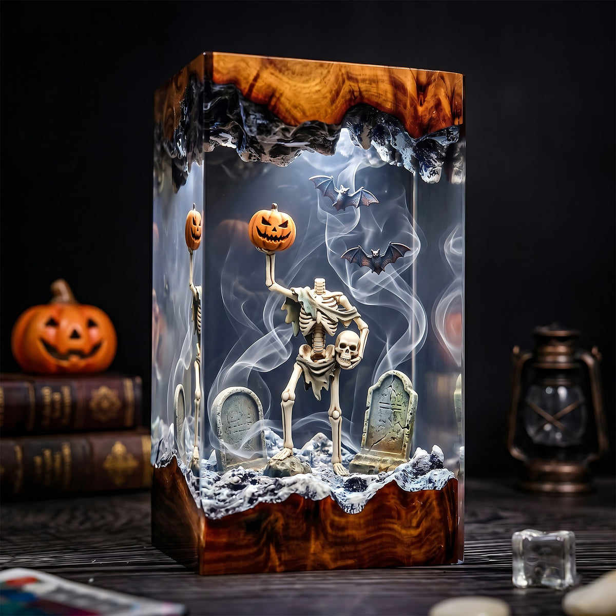 Halloween Skeleton Resin Lamp – Pumpkin Graveyard Epoxy Diorama Night Light