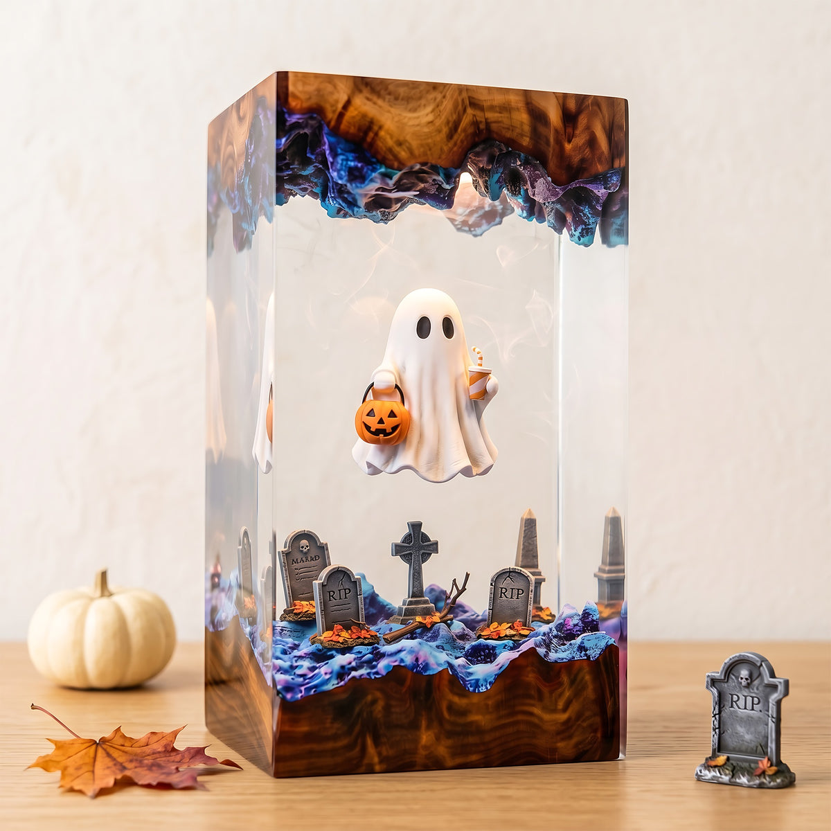 Trick or Treat Ghost Resin Lamp – Floating Ghost with Pumpkin Candy Bucket, Haunted Graveyard Halloween Epoxy Night Light